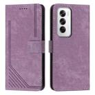 For OPPO Reno12 5G Global Skin Feel Stripe Pattern Leather Phone Case with Long Lanyard(Purple) - 1
