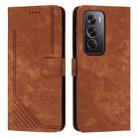 For OPPO Reno12 Pro Global Skin Feel Stripe Pattern Leather Phone Case with Long Lanyard(Brown) - 1