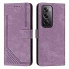 For OPPO Reno12 Pro Global Skin Feel Stripe Pattern Leather Phone Case with Long Lanyard(Purple) - 1