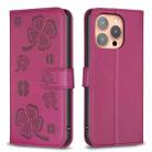 For iPhone 15 Pro Four-leaf Embossed Leather Phone Case(Rose Red) - 1