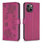 For iPhone 15 Plus Four-leaf Embossed Leather Phone Case(Rose Red) - 1