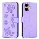 For iPhone 16 Plus Four-leaf Embossed Leather Phone Case(Purple) - 1