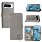 For Google Pixel 9 Pro Embossed Happy Cat Pattern Flip Leather Phone Case(Grey) - 1