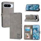 For Google Pixel 9 Embossed Happy Cat Pattern Flip Leather Phone Case(Grey) - 1