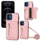 For iPhone 12 / 12 Pro DF-09 Crossbody Litchi texture Card Bag Design PU Phone Case(Pink) - 1