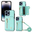 For iPhone 14 Pro DF-09 Crossbody Litchi texture Card Bag Design PU Phone Case(Cyan) - 1