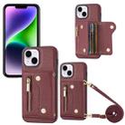 For iPhone 14 Plus / 15 Plus DF-09 Crossbody Litchi texture Card Bag Design PU Phone Case(Wine Red) - 1