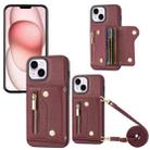 For iPhone 15 DF-09 Crossbody Litchi texture Card Bag Design PU Phone Case(Wine Red) - 1