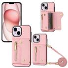 For iPhone 15 DF-09 Crossbody Litchi texture Card Bag Design PU Phone Case(Pink) - 1