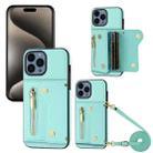 For iPhone 15 Pro DF-09 Crossbody Litchi texture Card Bag Design PU Phone Case(Cyan) - 1