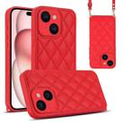 For iPhone 15 Rhombic Texture Phone Case with Dual Lanyard(Red) - 1