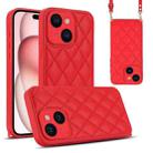 For iPhone 15 Plus Rhombic Texture Phone Case with Dual Lanyard(Red) - 1