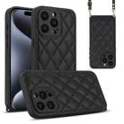 For iPhone 15 Pro Max Rhombic Texture Phone Case with Dual Lanyard(Black) - 1