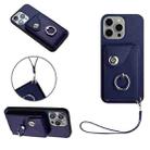 For iPhone 15 Pro Organ Card Bag Ring Holder PU Phone Case with Lanyard(Blue) - 1