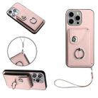 For iPhone 15 Pro Organ Card Bag Ring Holder PU Phone Case with Lanyard(Pink) - 1