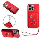 For iPhone 15 Pro Organ Card Bag Ring Holder PU Phone Case with Lanyard(Red) - 1