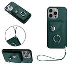 For iPhone 15 Pro Organ Card Bag Ring Holder PU Phone Case with Lanyard(Green) - 1