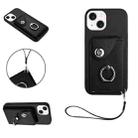 For iPhone 15 Plus Organ Card Bag Ring Holder PU Phone Case with Lanyard(Black) - 1