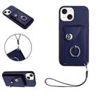 For iPhone 14 Plus Organ Card Bag Ring Holder PU Phone Case with Lanyard(Blue) - 1