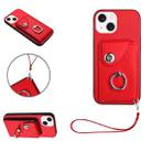 For iPhone 14 Plus Organ Card Bag Ring Holder PU Phone Case with Lanyard(Red) - 1