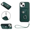 For iPhone 14 Plus Organ Card Bag Ring Holder PU Phone Case with Lanyard(Green) - 1