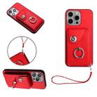 For iPhone 14 Pro Organ Card Bag Ring Holder PU Phone Case with Lanyard(Red) - 1