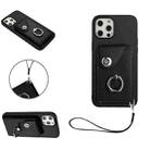 For iPhone 12 Organ Card Bag Ring Holder PU Phone Case with Lanyard(Black) - 1