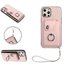 For iPhone 12 Organ Card Bag Ring Holder PU Phone Case with Lanyard(Pink) - 1