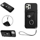For iPhone 12 Pro Organ Card Bag Ring Holder PU Phone Case with Lanyard(Black) - 1
