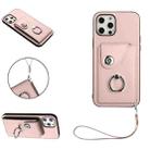For iPhone 12 Pro Organ Card Bag Ring Holder PU Phone Case with Lanyard(Pink) - 1