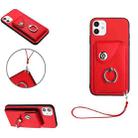 For iPhone 11 Organ Card Bag Ring Holder PU Phone Case with Lanyard(Red) - 1