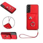 For Samsung Galaxy S22 5G Organ Card Bag Ring Holder PU Phone Case with Lanyard(Red) - 1