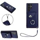 For Samsung Galaxy S22 Ultra 5G Organ Card Bag Ring Holder PU Phone Case with Lanyard(Blue) - 1