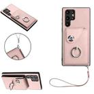 For Samsung Galaxy S22 Ultra 5G Organ Card Bag Ring Holder PU Phone Case with Lanyard(Pink) - 1