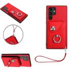 For Samsung Galaxy S22 Ultra 5G Organ Card Bag Ring Holder PU Phone Case with Lanyard(Red) - 1