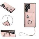 For Samsung Galaxy S23 Ultra 5G Organ Card Bag Ring Holder PU Phone Case with Lanyard(Pink) - 1