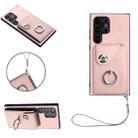 For Samsung Galaxy S24 Ultra 5G Organ Card Bag Ring Holder PU Phone Case with Lanyard(Pink) - 1