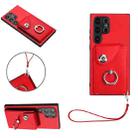 For Samsung Galaxy S24 Ultra 5G Organ Card Bag Ring Holder PU Phone Case with Lanyard(Red) - 1