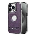 For iPhone 15 Pro Max Y3 Electroplated Fine Hole Leather Phone Case with Holder(Dark Purple) - 1
