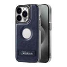 For iPhone 15 Pro Y3 Electroplated Fine Hole Leather Phone Case with Holder(Navy Blue) - 1