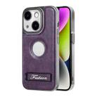 For iPhone 14 Y3 Electroplated Fine Hole Leather Phone Case with Holder(Dark Purple) - 1