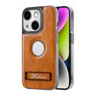 For iPhone 14 Y3 Electroplated Fine Hole Leather Phone Case with Holder(Brown) - 1