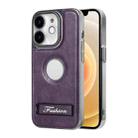For iPhone 12 Y3 Electroplated Fine Hole Leather Phone Case with Holder(Dark Purple) - 1