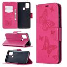 For Samsung Galaxy A21s Embossing Two Butterflies Pattern Horizontal Flip PU Leather Case with Holder & Card Slot & Wallet & Lanyard(Rose Red) - 1