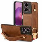 For Motorola Moto E14 Wristband Leather Back Phone Case(Brown) - 1