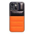 For iPhone 15 Color Block Down Jacket Phone Case(Black Orange) - 1