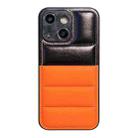 For iPhone 14 Plus Color Block Down Jacket Phone Case(Black Orange) - 1