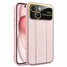 For iPhone 15 Plus Electroplating Litchi Grain Large Window Phone Case(Pink) - 1