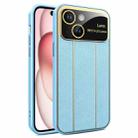 For iPhone 15 Electroplating Litchi Grain Large Window Phone Case(Blue) - 1