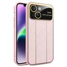 For iPhone 14 Plus Electroplating Litchi Grain Large Window Phone Case(Pink) - 1